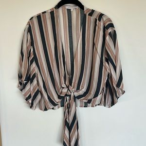 Striped pale pink / tan, white and navy wrap blouse